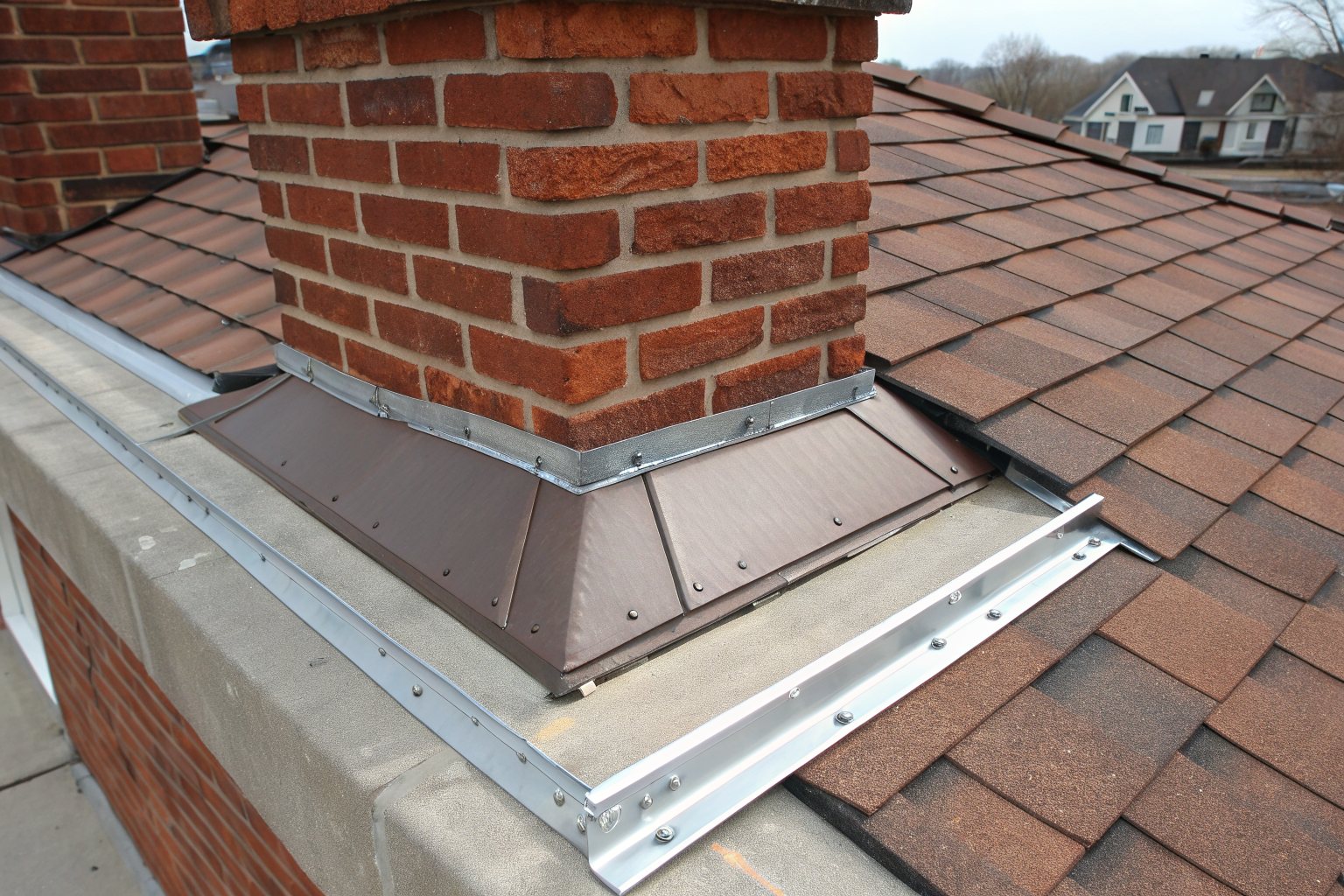 Metal flashing where a brown shingle roof meets a red brick chimney