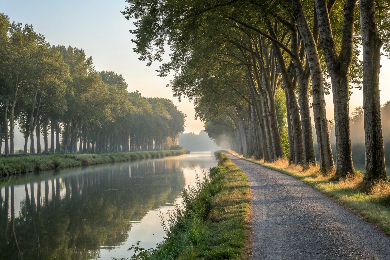 A calm canal and gravel towpath lined with tall trees in morning light