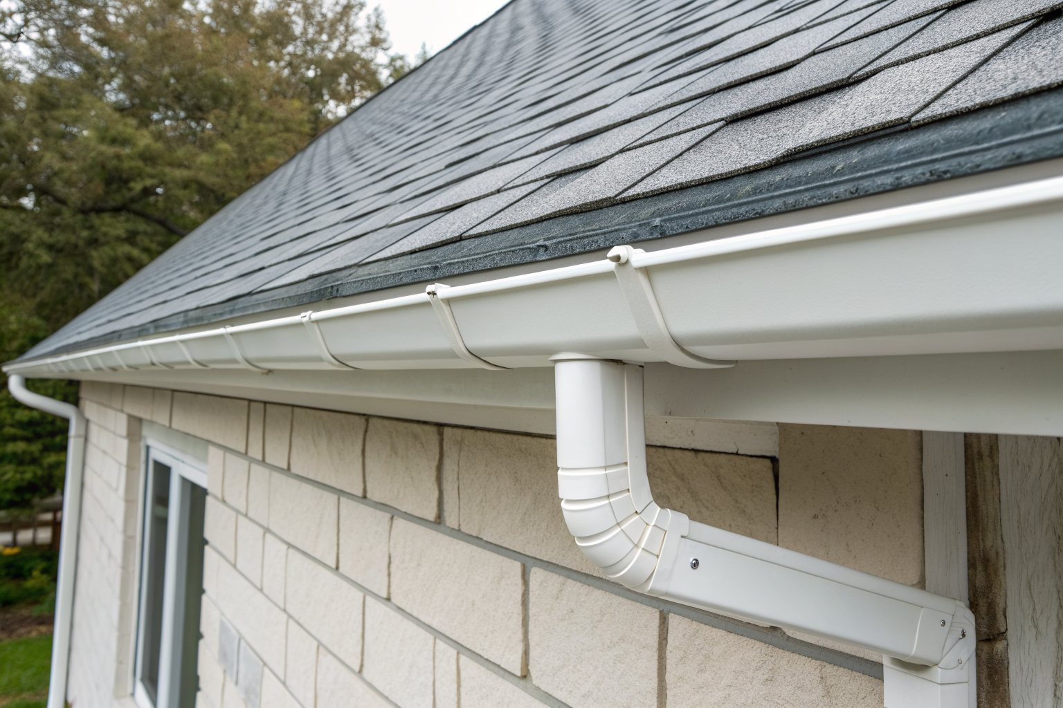 A white metal drip edge along a roof eave with new gray shingles and a gutter