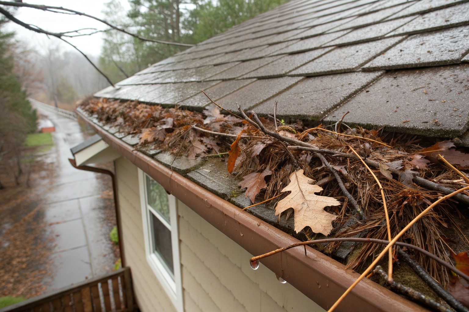 A gutter at a shingle roof edge overflowing with wet oak leaves