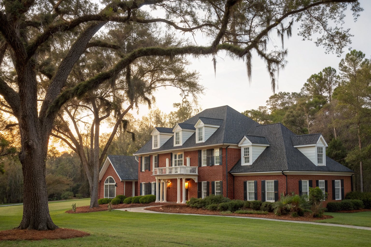 A two-story red brick colonial home with a dark gray shingle roof under large oaks at sunset