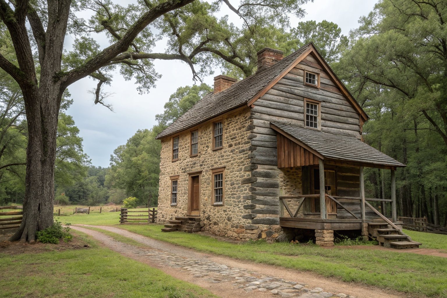 An old two-story fieldstone farmhouse among tall trees in the countryside