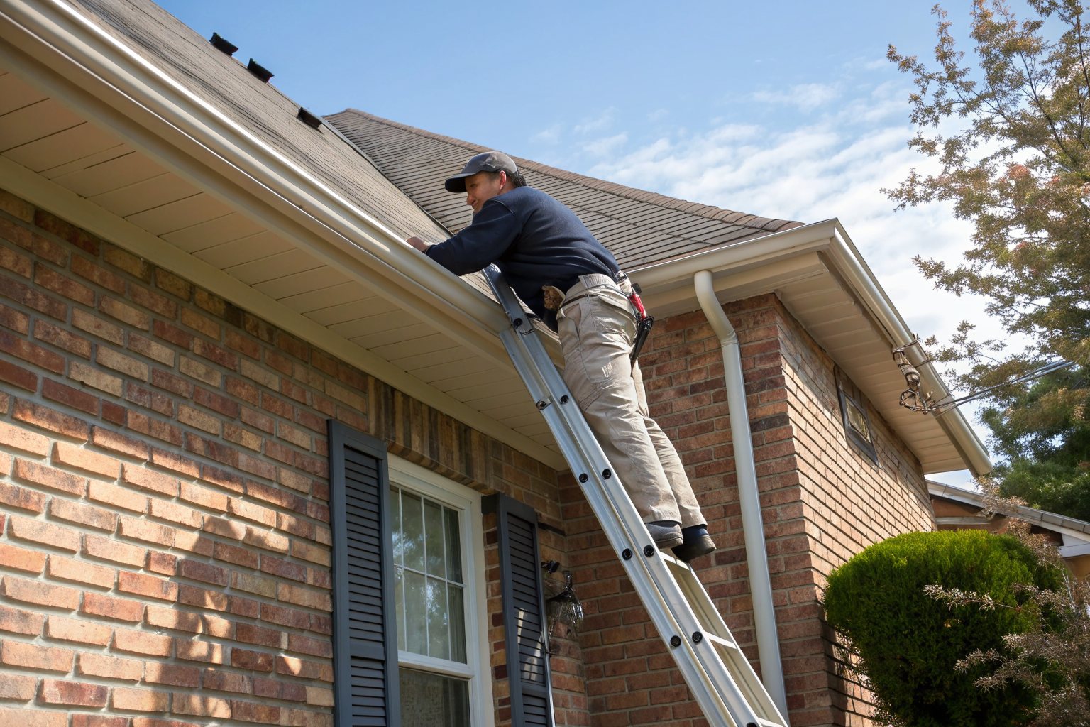 A roof inspector on a ladder checking the shingles and gutter of a brick house