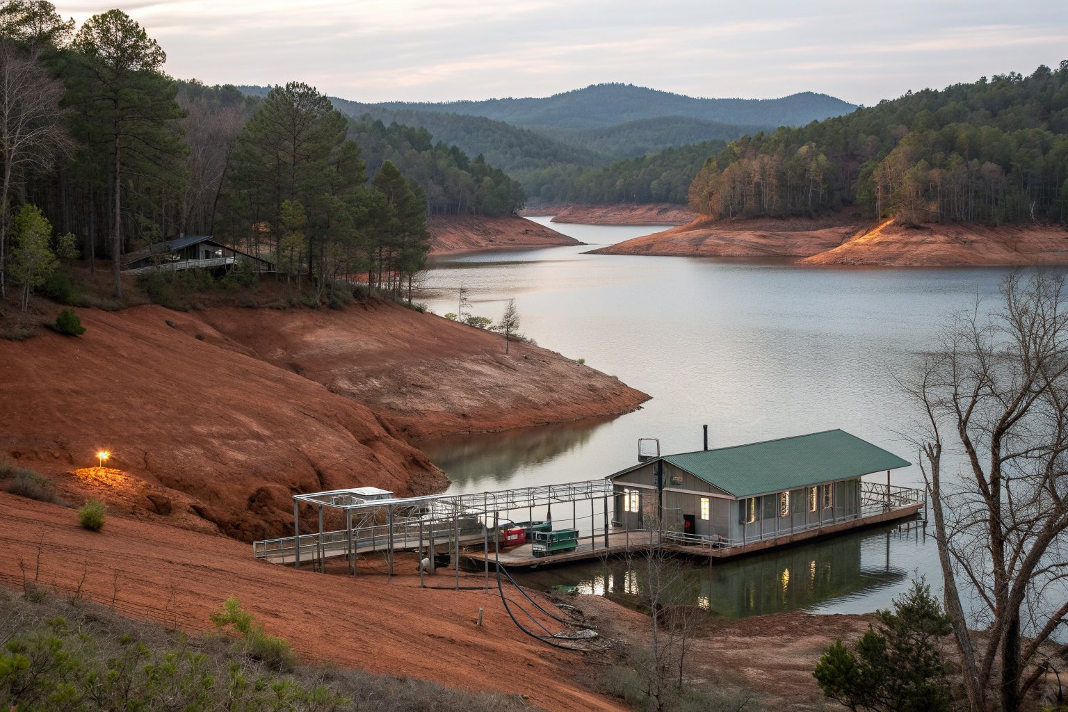 A lake house with a green metal roof and a dock on a pine-lined reservoir shore