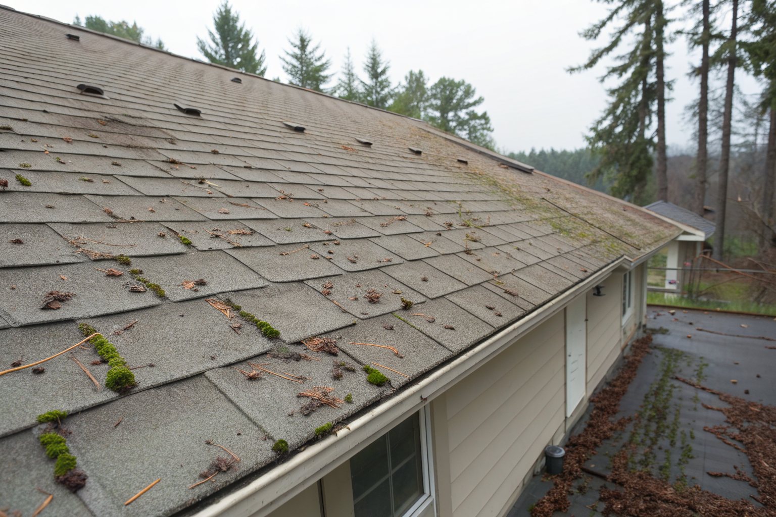 An aging tan shingle roof with dark mildew streaks and pine needles