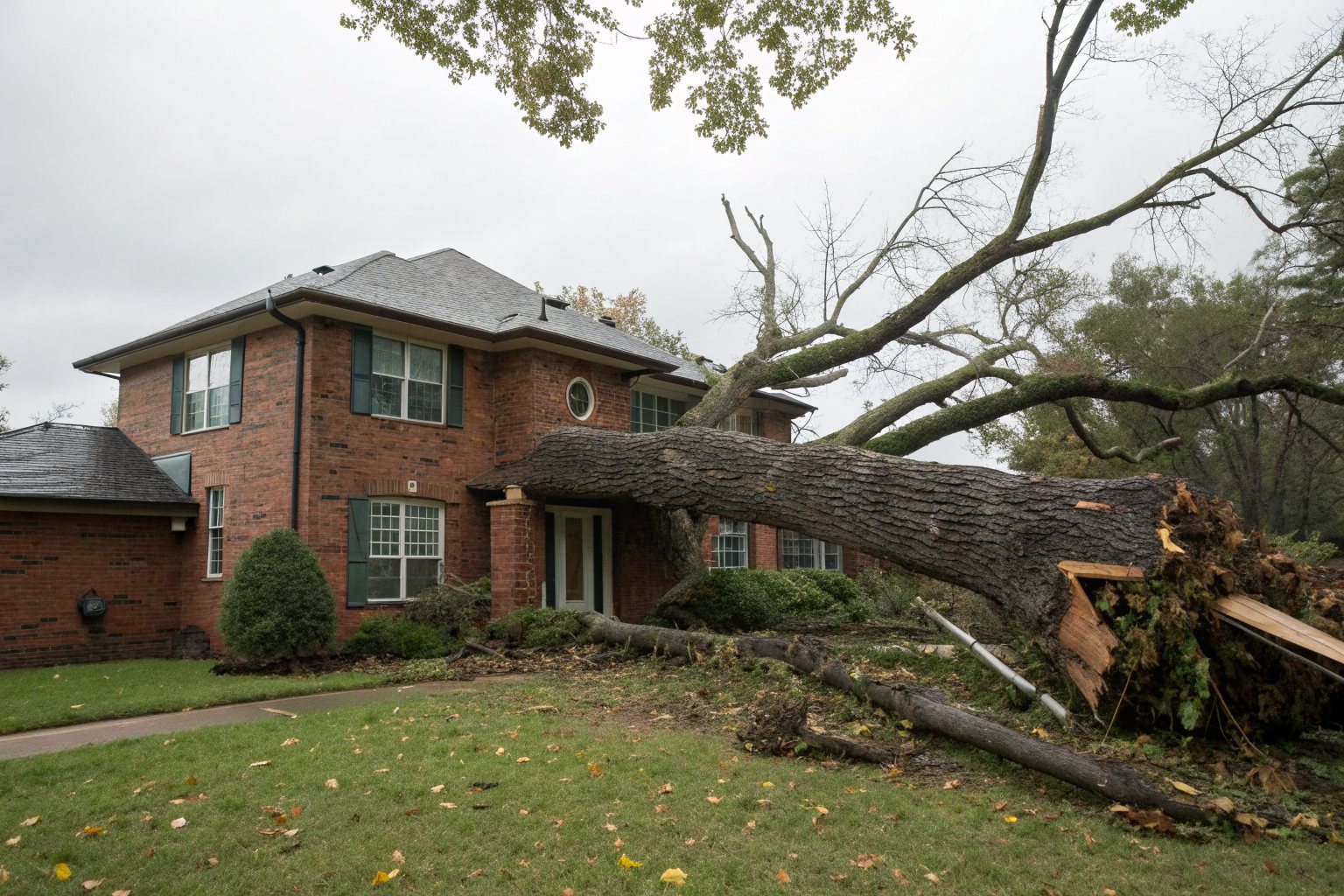 A large oak torn down by a storm resting against a two-story brick house