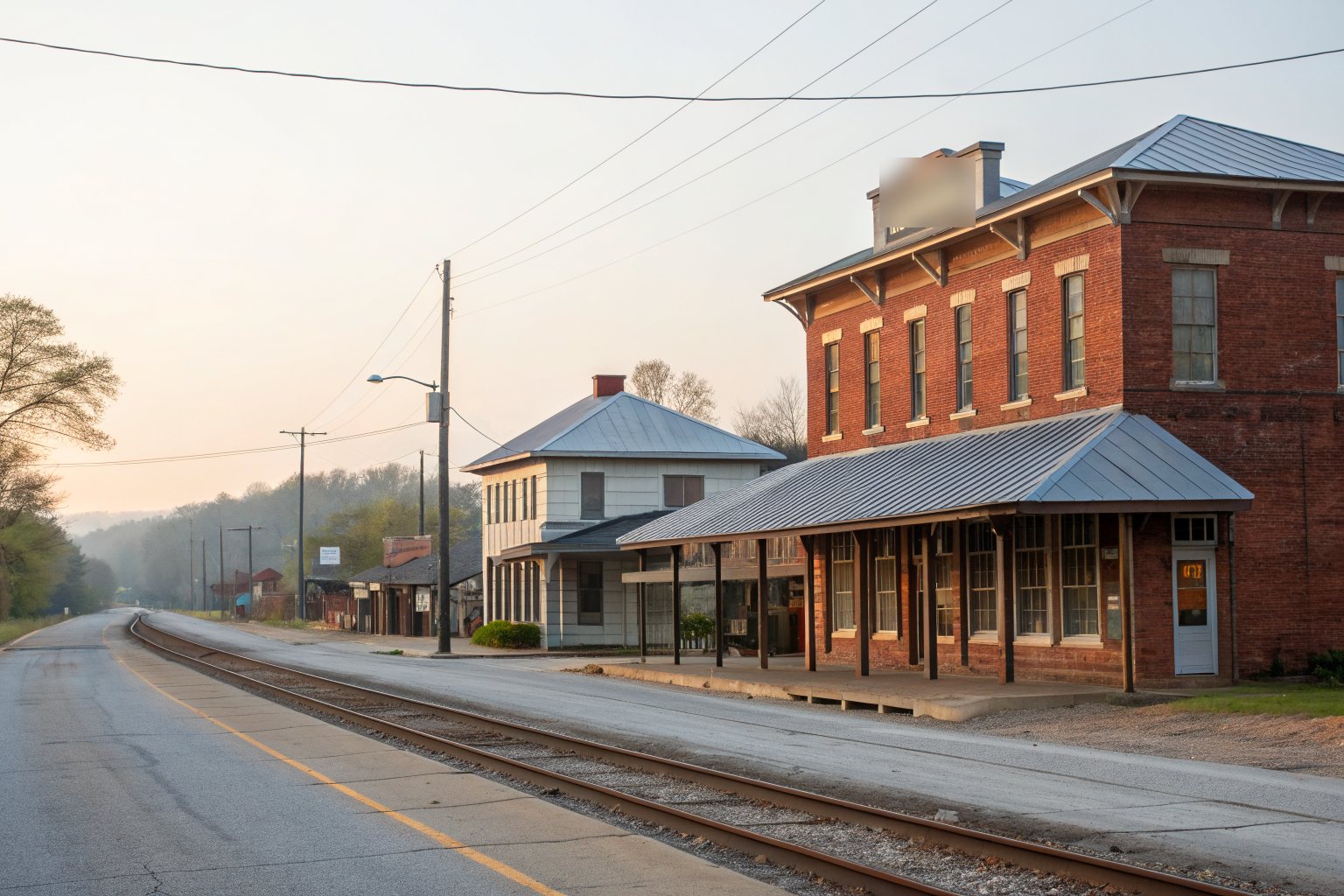 A small-town main street with an old brick depot and storefronts with metal roofs