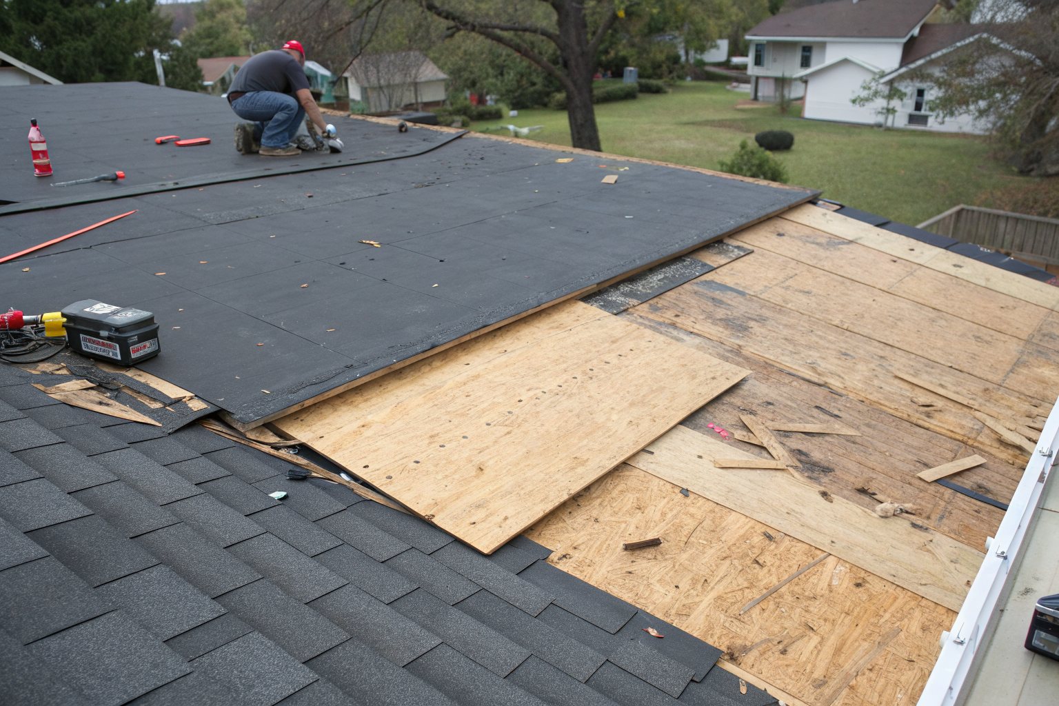 Old roof decking being replaced with new plywood sheets during a tear-off