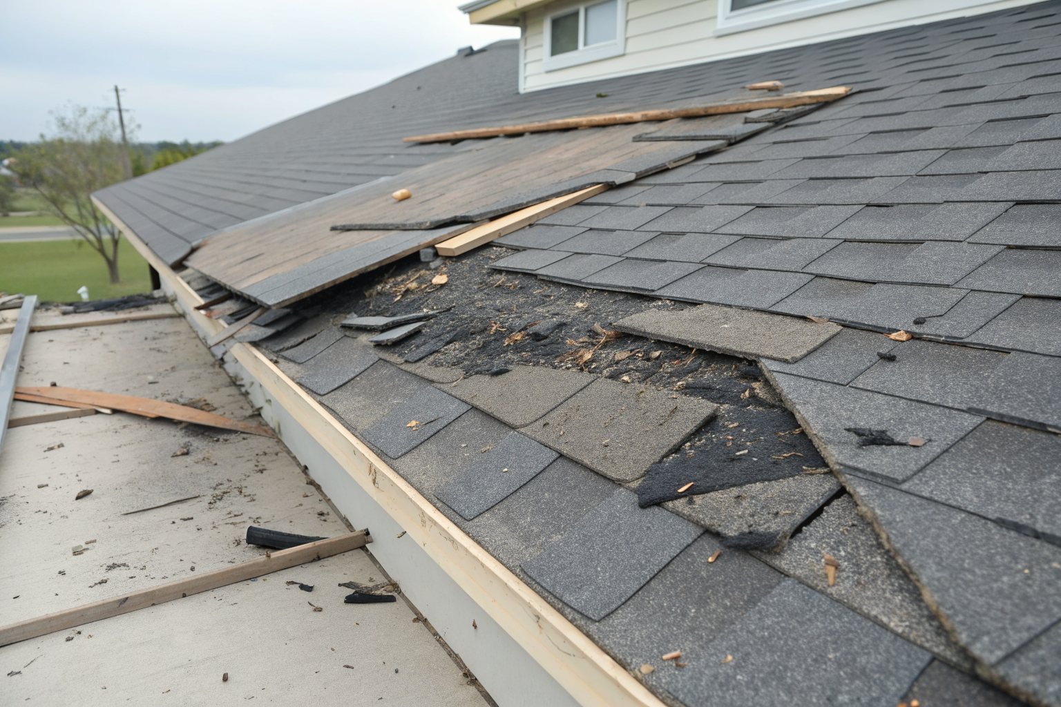 Wind-torn shingle tabs folded back to show black underlayment