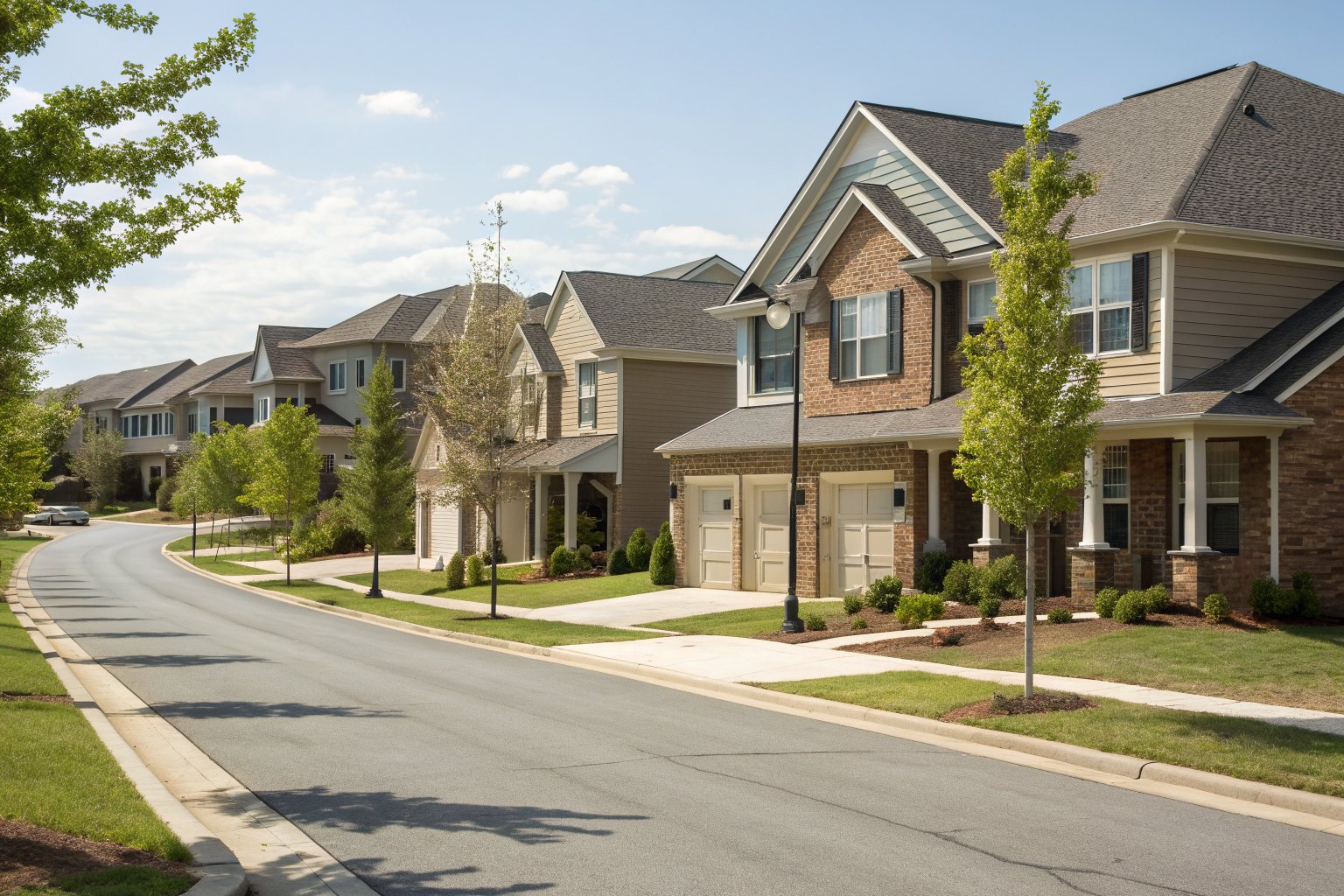 A street of newer two-story homes with gray architectural shingle roofs